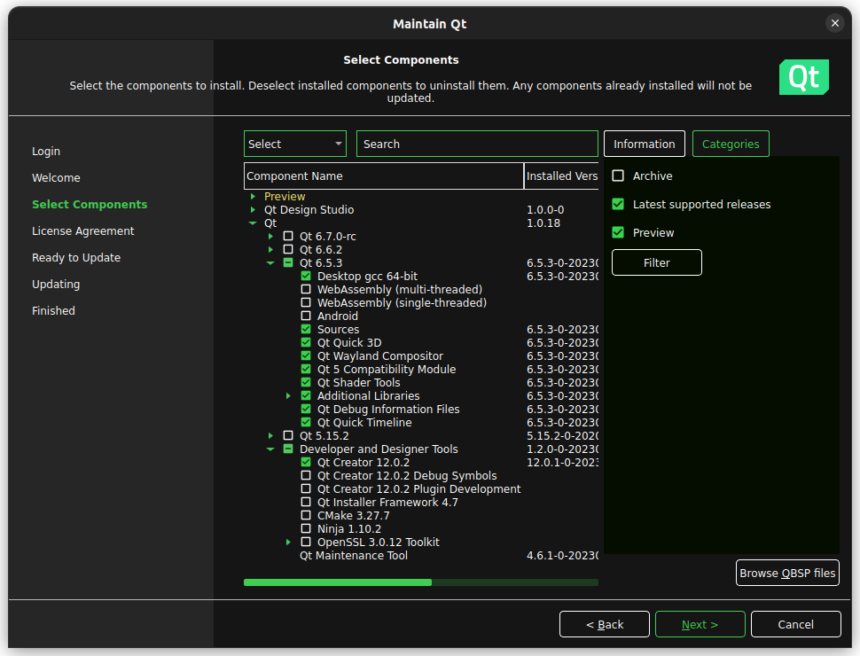 Selected components in Qt Maintenance Tool